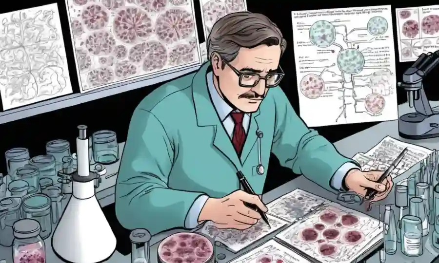 Científico en un laboratorio que examina muestras fúngicas bajo un microscopio con diagramas y notas.