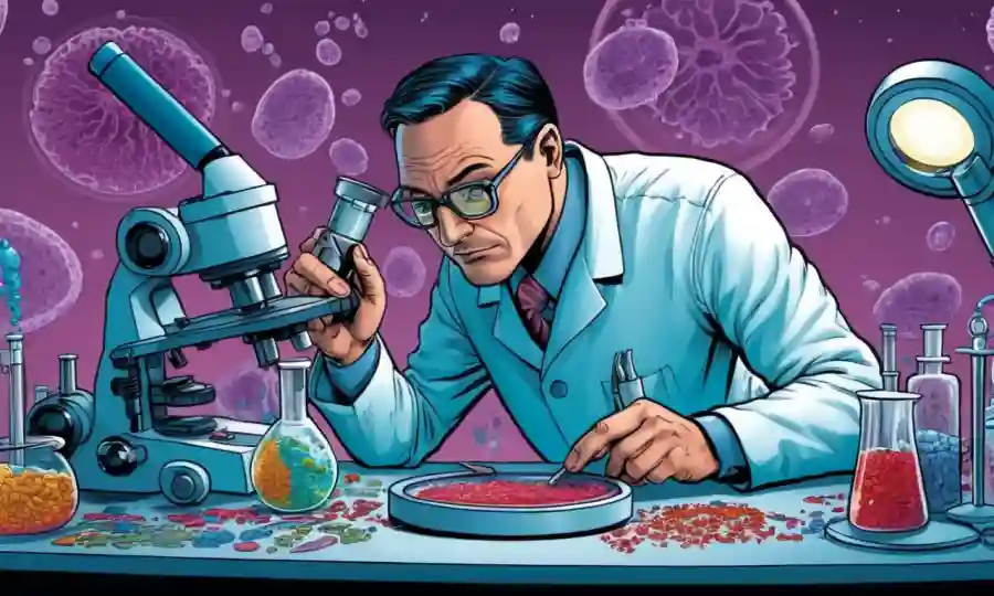 Biólogo que examina las culturas de los platillos petri bajo microscopio con herramientas moleculares que rodean.