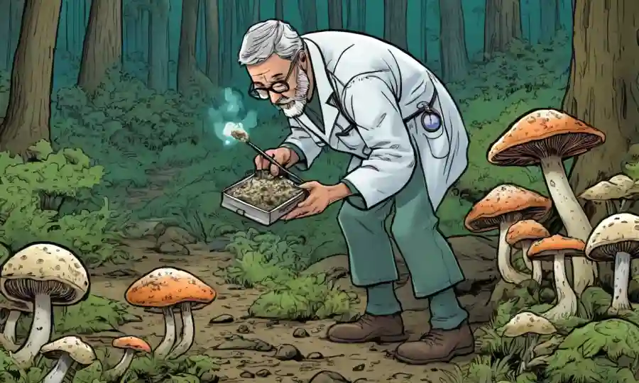 Científico recolectando muestras fúngicas en la naturaleza.