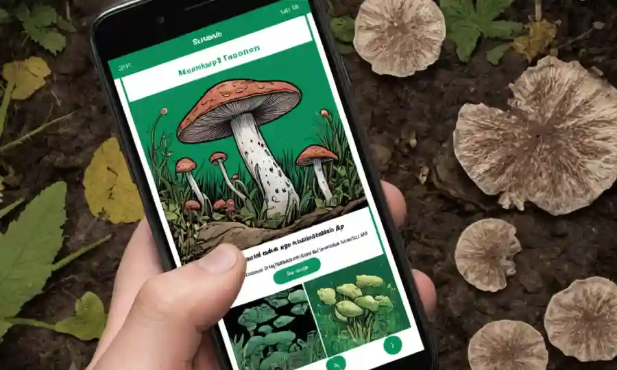 Una pantalla de teléfono inteligente que muestra una aplicación de identificación fúngica con imágenes y datos.
