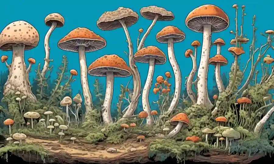 Una imagen de microscopio que muestra varias especies de hongos en diferentes etapas de crecimiento y reproducción.