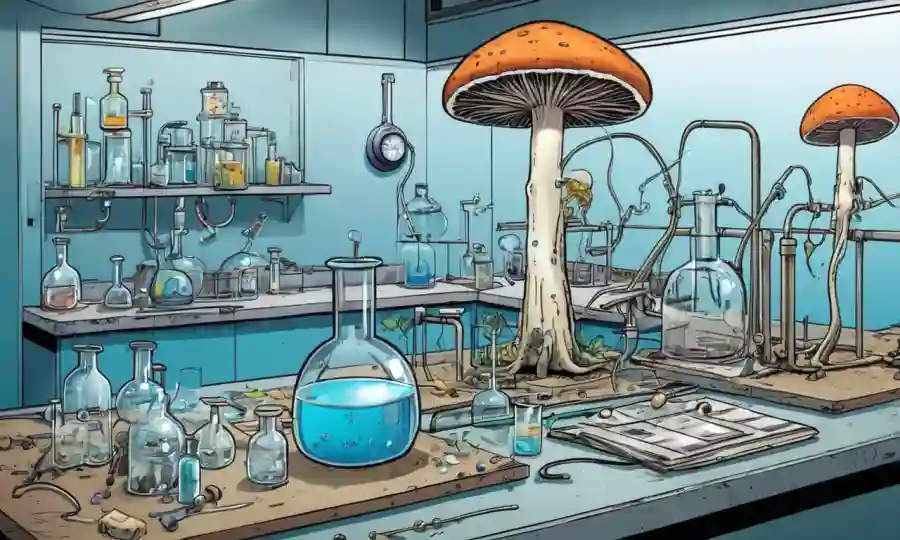 Una mezcla de equipos de laboratorio y entornos médicos o ambientales con hongos.