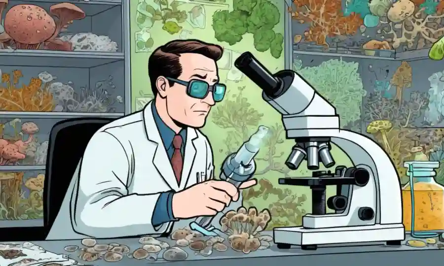 Scientist examina varios especímenes de hongos bajo el equipo de laboratorio del microscopio rodeado de textos ecológicos y de salud.