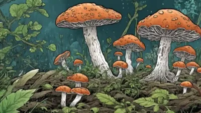 Imagen microscópica de micelio hongos rodeado de elementos ecológicos (plantas