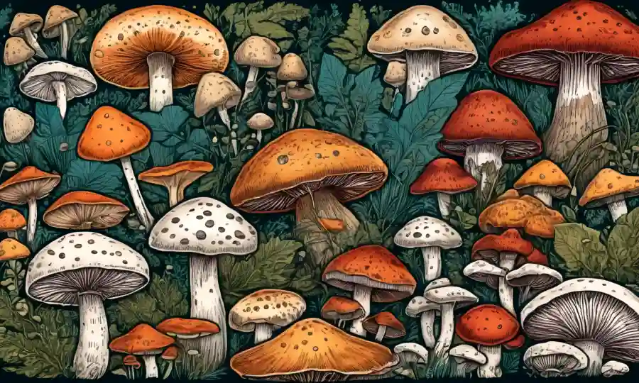 Vista de cerca de varias especies de hongos con imágenes microscópicas o diagramas cercanos.