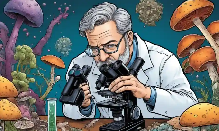 Científico observando hongos a través de un microscopio con varios detalles de especímenes en el fondo.