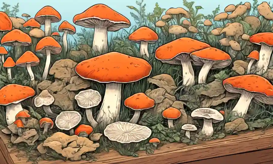 Mushroom pasos de identificación morfológica en una mesa de investigación con hongos de muestra.