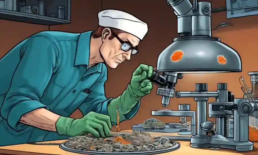 Un micólogo que examina un hongo bajo un microscopio o en un plato Petri.