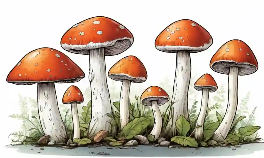 Ilustraciones de varios hongos junto a guías de seguridad en un fondo blanco.