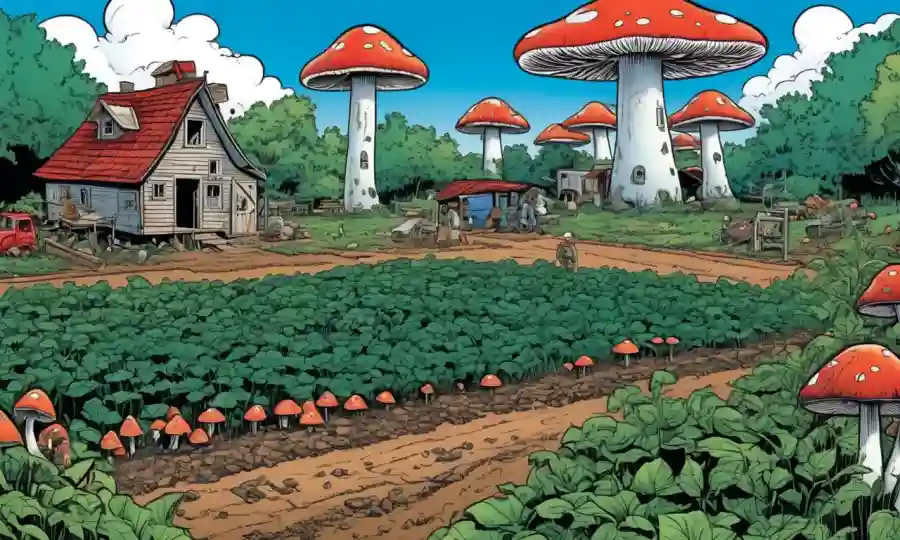 Un lugar de cultivo de hongos con cultivos y árboles yuxtapuestos para ilustrar los problemas de impacto ambiental.