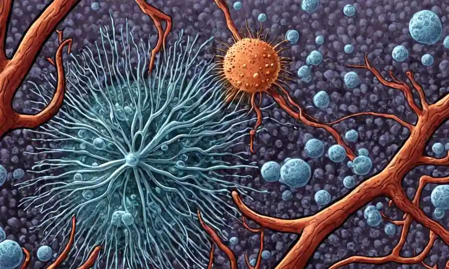 Una imagen microscópica que muestra la interacción celular entre hifas fúngicas y biopestidas.