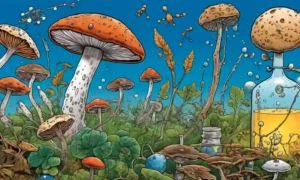 Vista microscópica de hongos rodeados de fórmulas químicas y diagramas que ilustran el impacto de los biopesticidas.