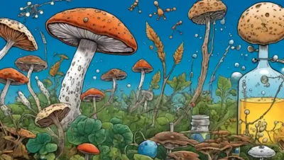 Vista microscópica de hongos rodeados de fórmulas químicas y diagramas que ilustran el impacto de los biopesticidas.