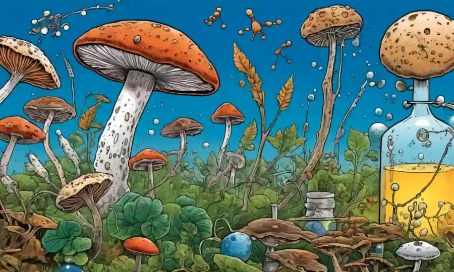 Vista microscópica de hongos rodeados de fórmulas químicas y diagramas que ilustran el impacto de los biopesticidas.