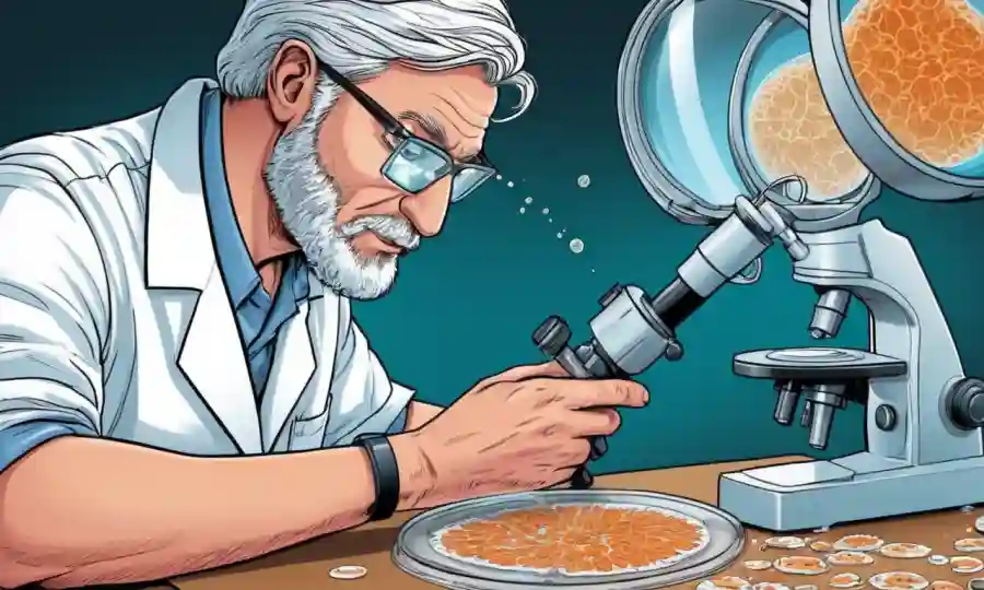 Científicos que estudian las culturas de hongos bajo microscopio.