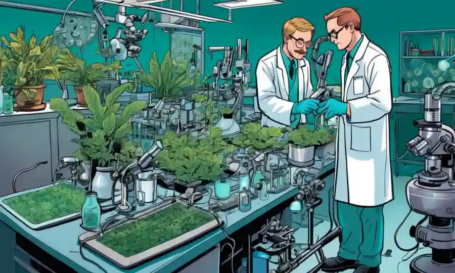 Científicos que estudian hongos endofiticos en plantas, rodeados de microscopios y equipos de laboratorio.