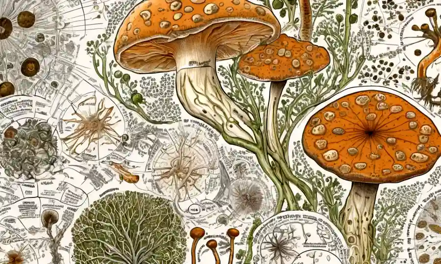 Una imagen de microscopio de hongos micelio que se extiende dentro de las células vegetales, rodeado de diagramas y diagramas ecológicos.