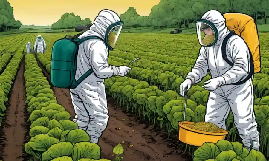 Cultivos infectados por hongos con profesionales agrícolas en trajes de protección recolectando muestras.