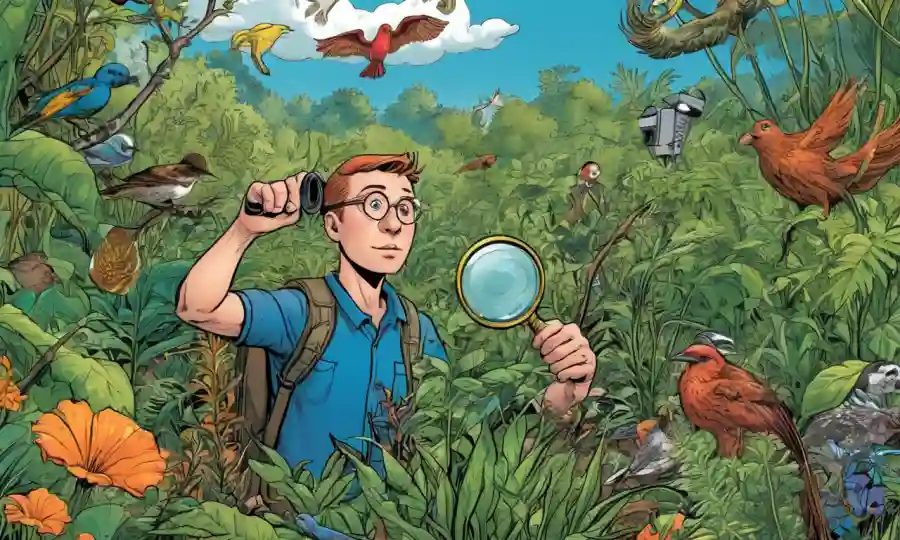 Persona sosteniendo una lupa en medio de una planta diversa y fauna con señales de alarma.