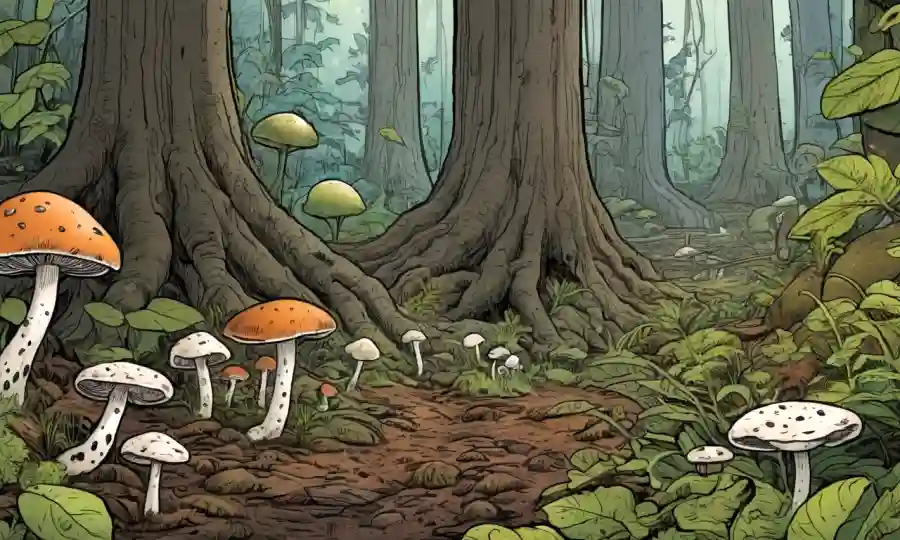 Fungi brotando en medio del bosque, rodeado de ilustraciones microscópicas y diagramas de ecología.
