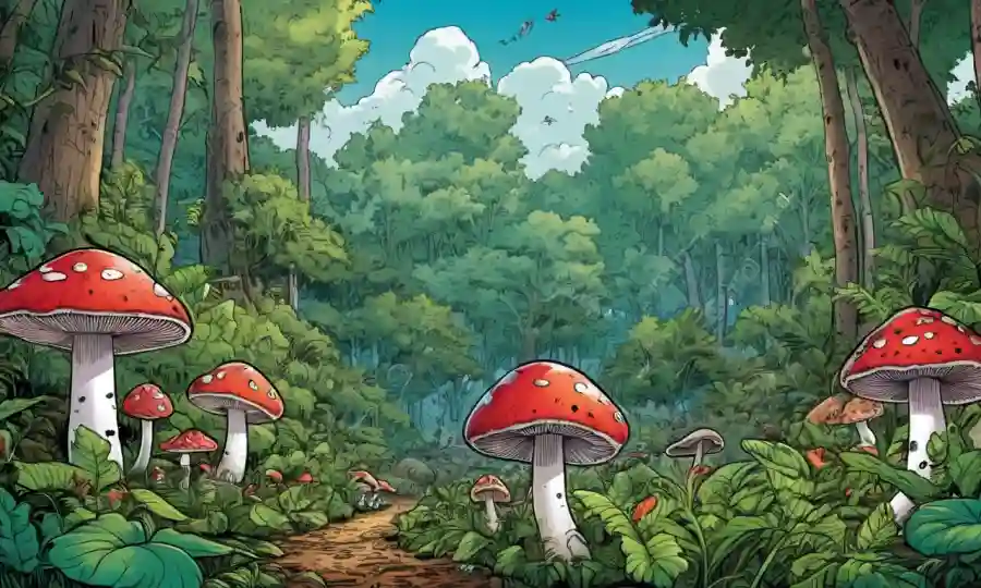 Setas creciendo en medio de bosques frondosos con insectos y árboles