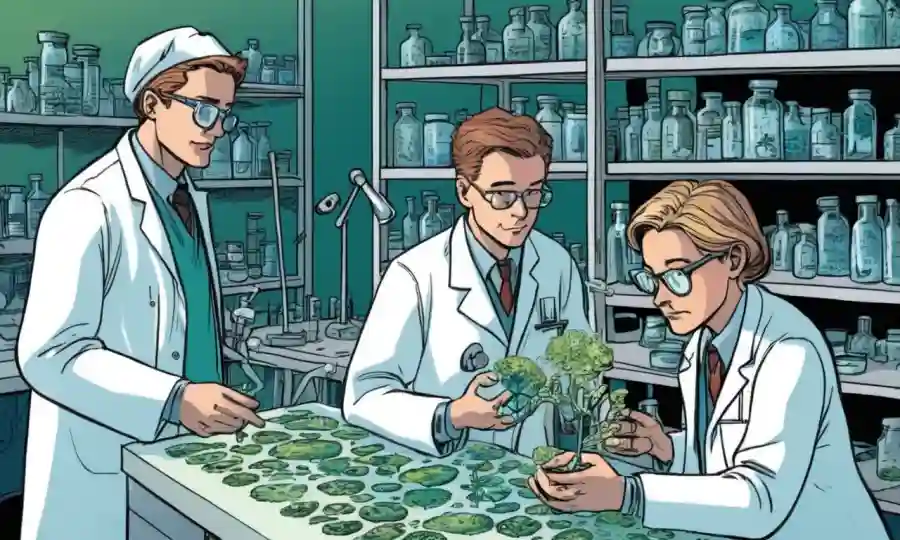 Científicos que examinan muestras fúngicas en un laboratorio, con representaciones visuales de datos ecológicos.