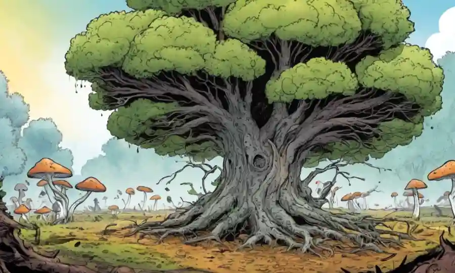 Un árbol con crecimiento de hongos no nativos en un fondo desenfocado que representa el impacto ambiental.