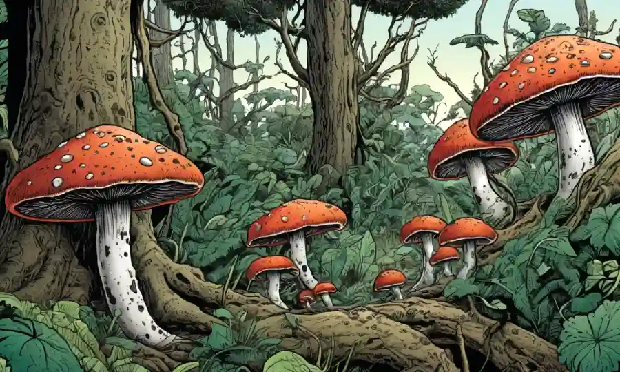 Ilustración de una especie nativa que lucha como hongos extranjeros crecen y la desplazan.