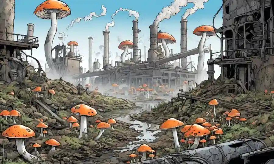 Fungi prosperando en medio de un paisaje urbano o industrial contaminado.