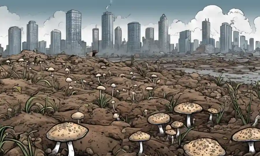 El cultivo de hongos entre suelos contaminados con un gran paisaje urbano en el fondo.