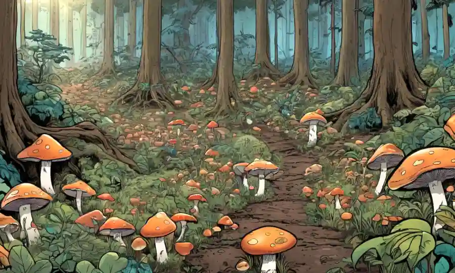 Un suelo de bosque cubierto de hongos rodeado de impacto de actividades humanas.