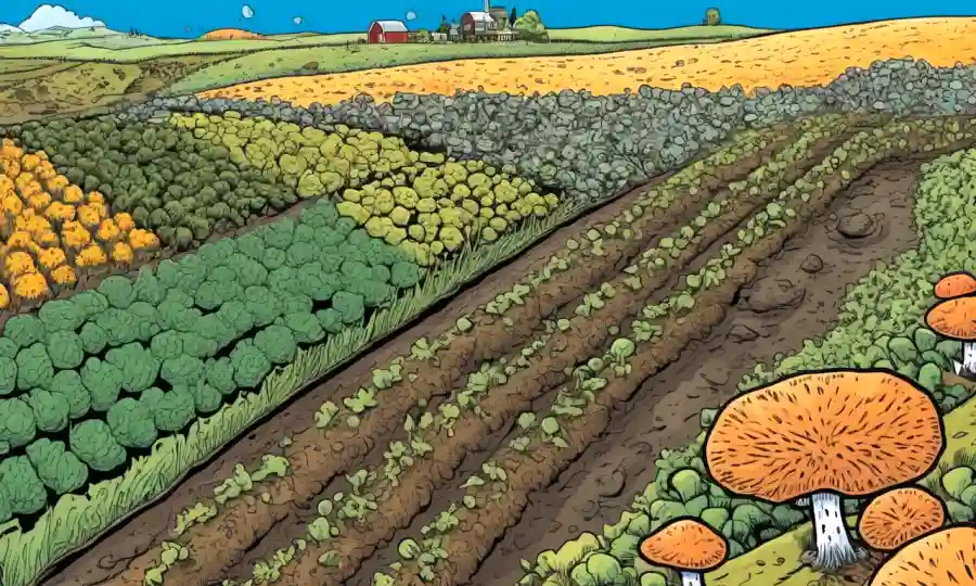 Una mezcla de crecimientos de hongos microscópicos, campos agrícolas y gráficos que ilustran el impacto ambiental de la agricultura intensiva en la diversidad fúngica.