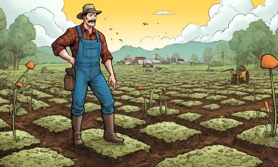 Agricultor de pie en medio del suelo infestado de hongos, con métodos y diagramas de agricultura alternativos en el fondo.