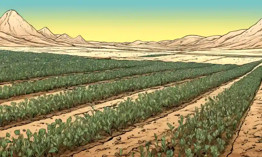 Campo de cultivos monocultivos rodeado de un paisaje estéril carente de varias especies fúngicas.