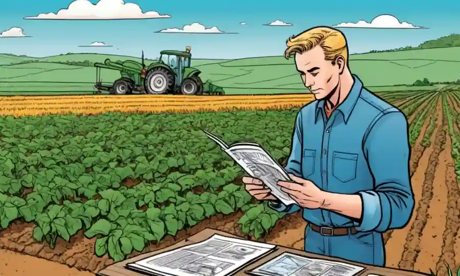 Experto agrícola analizando datos en suelo y plantas rodeados por un campo de cultivo.
