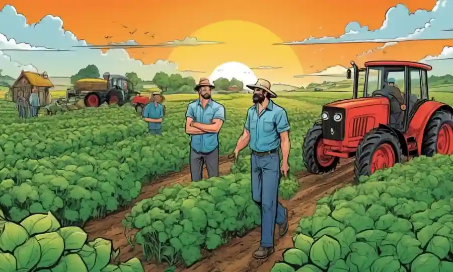 Los agricultores en el campo rodeados de cultivos orgánicos y visualizaciones de datos.