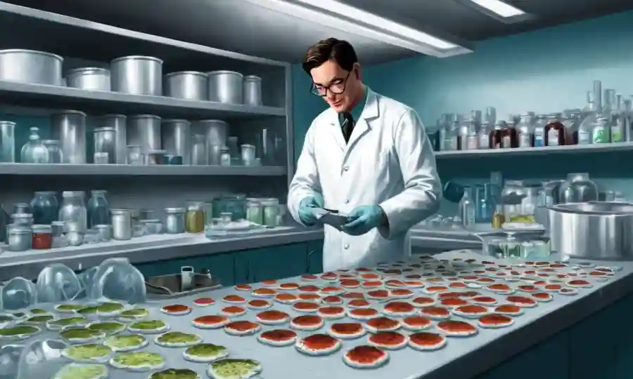 Científico inspeccionando muestras fúngicas en un laboratorio de cocina.
