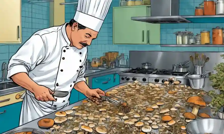Un chef expertamente manejando varios hongos comestibles en una cocina.