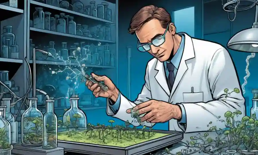 Un científico que estudia el crecimiento de hongos afectado por ondas sonoras en un laboratorio.