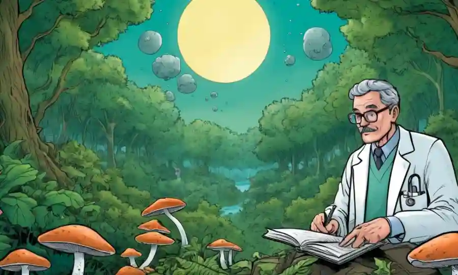Un científico que estudia hongos en un bosque rodeado de vegetación y ambiente libre de contaminación.