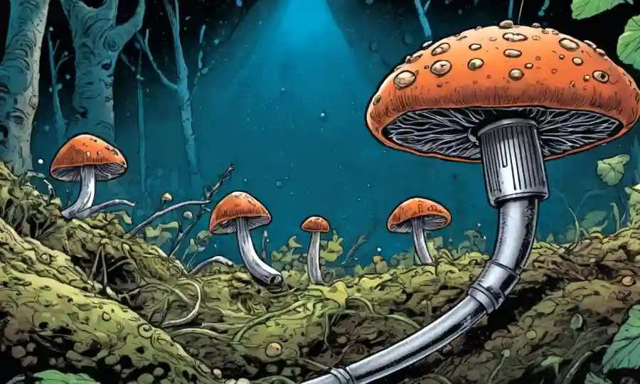 Imagen del microscopio de hongos con auriculares reductores de ruido en el fondo.