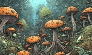 Una vista microscopio del crecimiento fúngico afectado por la contaminación.