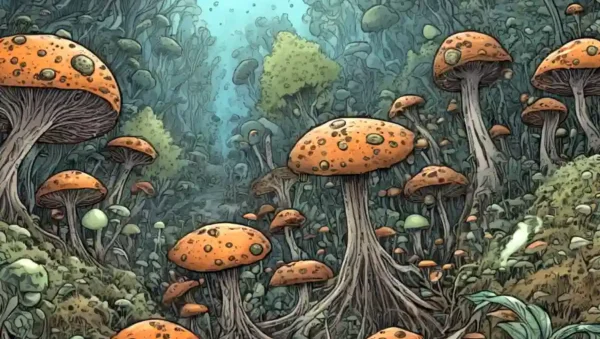 Una vista microscopio del crecimiento fúngico afectado por la contaminación.
