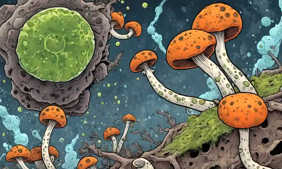 Imagen microscópica de células hongos rodeadas de contaminantes y desechos peligrosos.