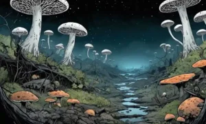 hongos afectados por la contaminación de la red micelial contra un fondo oscuro o contaminado.