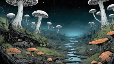 hongos afectados por la contaminación de la red micelial contra un fondo oscuro o contaminado.