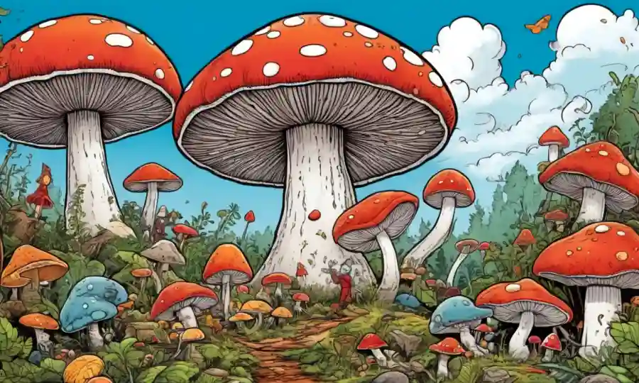 Los personajes de hongos Whimsicales de películas y libros que rodean una gorra gigante de hongos.