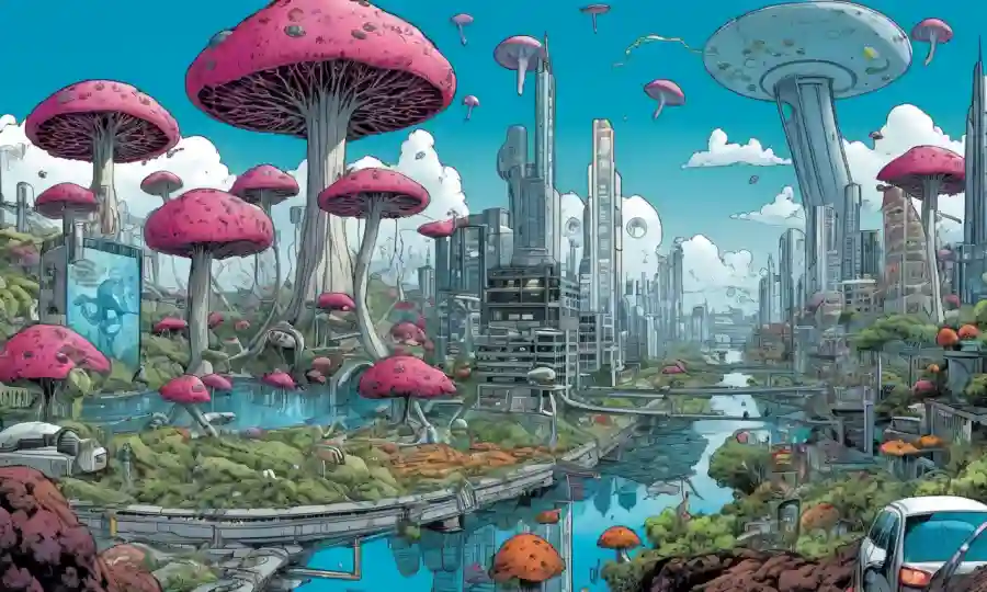 Una imagen gráfica y fúngica rodeada de referencias de cultura pop en un futurista paisaje urbano.