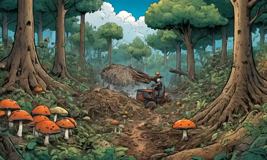 Un bosque siendo cortado, con hongos y ecosistemas naturales mostrados como elementos impactados.