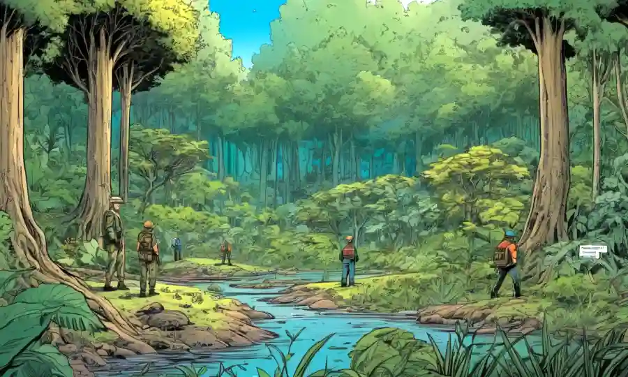 Grupo de conservacionistas que rodean un exuberante ecosistema forestal con notas y gráficos.